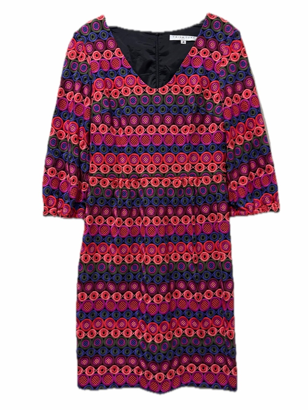 Trina Turk 4 Nicole V Neck Crochet Geo Rainbow 3/4 Retro 70’s Mini Dress B11